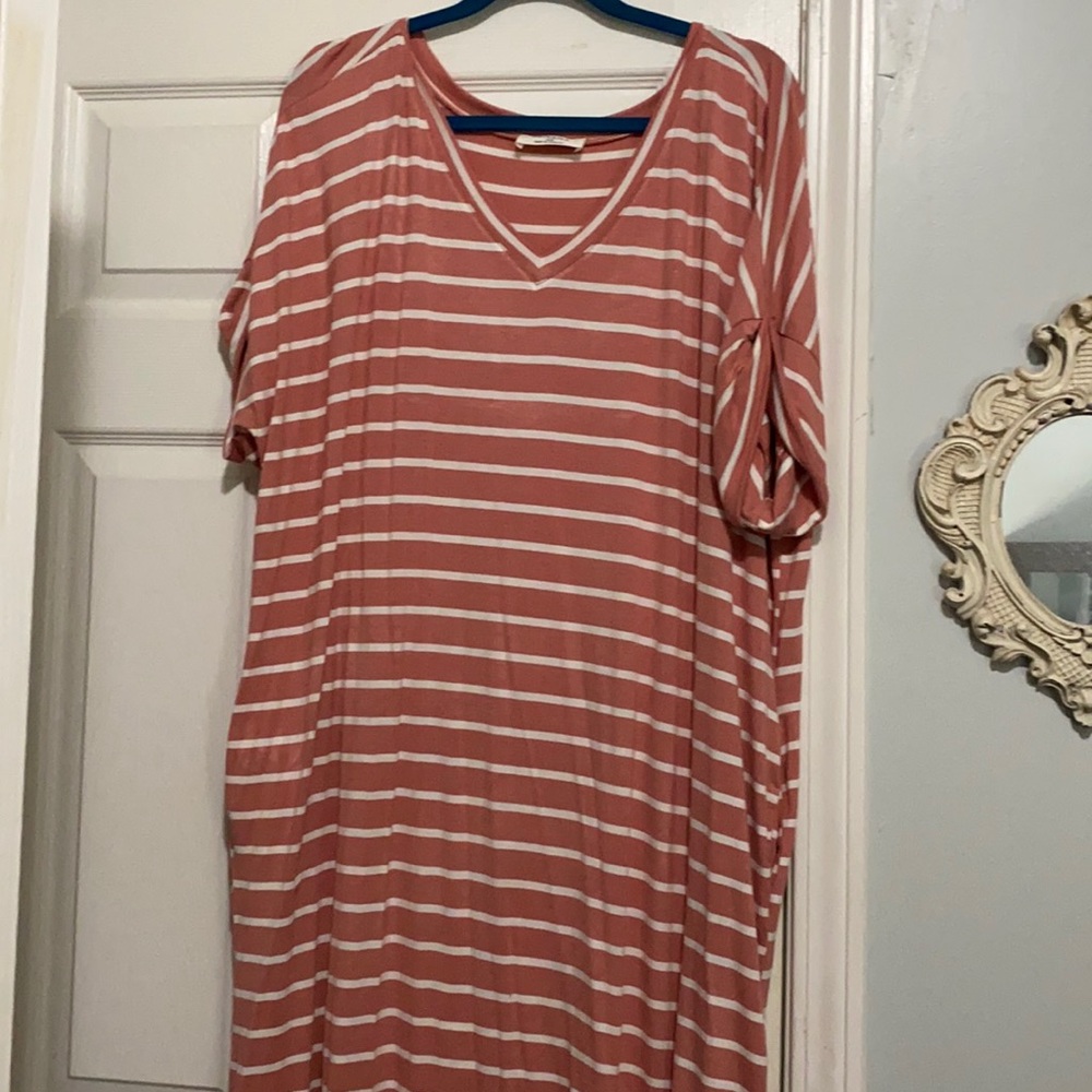 BNWOT 3x pink white strip V-neck T-shirt dress